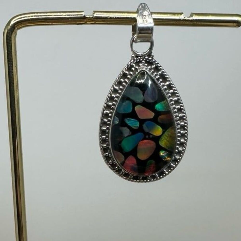 Native American Southwest Style 925 Sterling Silver Aurora Opal Pendant 1.5”